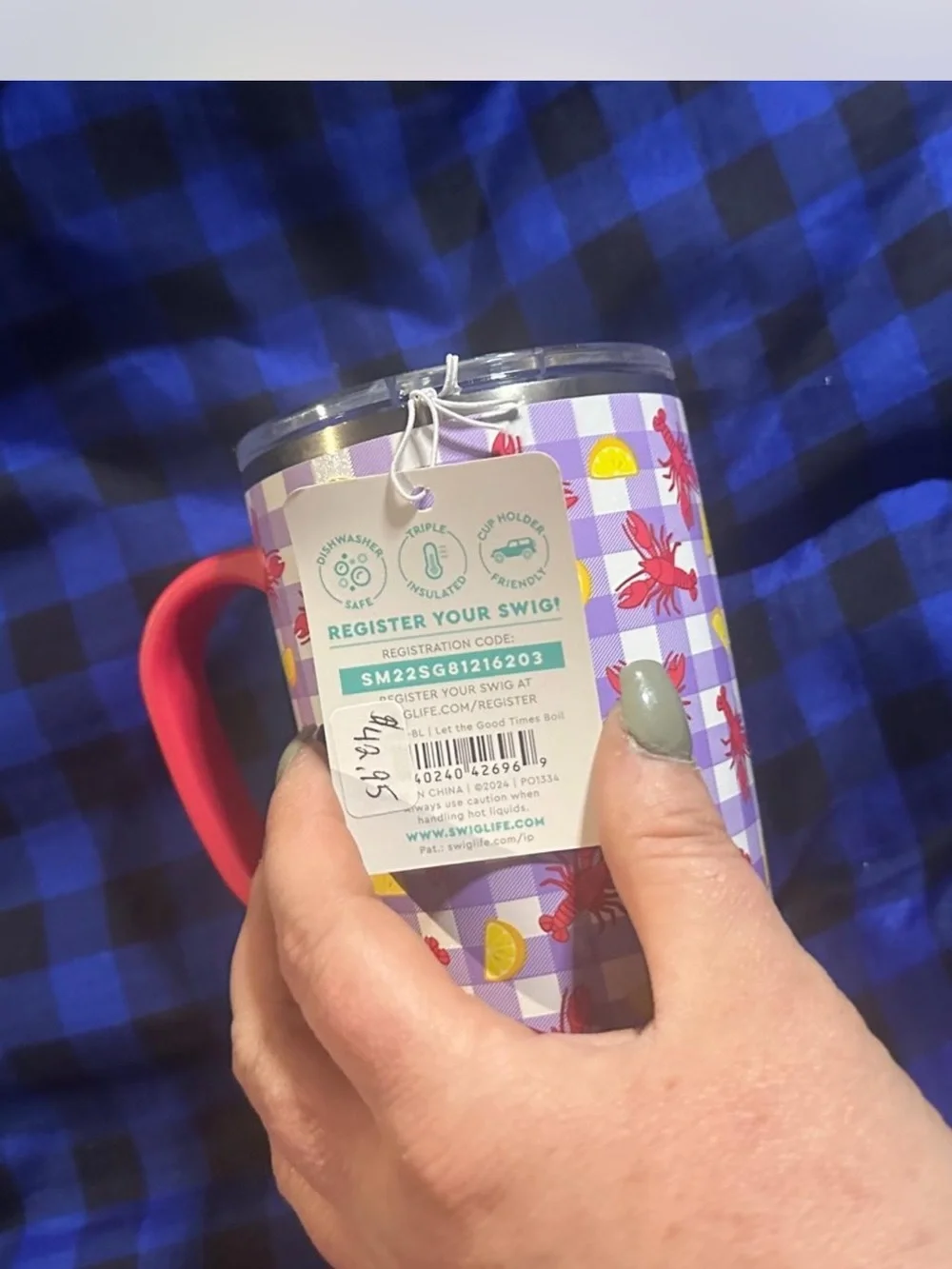 Swig Red Handle Purple Gingham Lobster Travel Mug